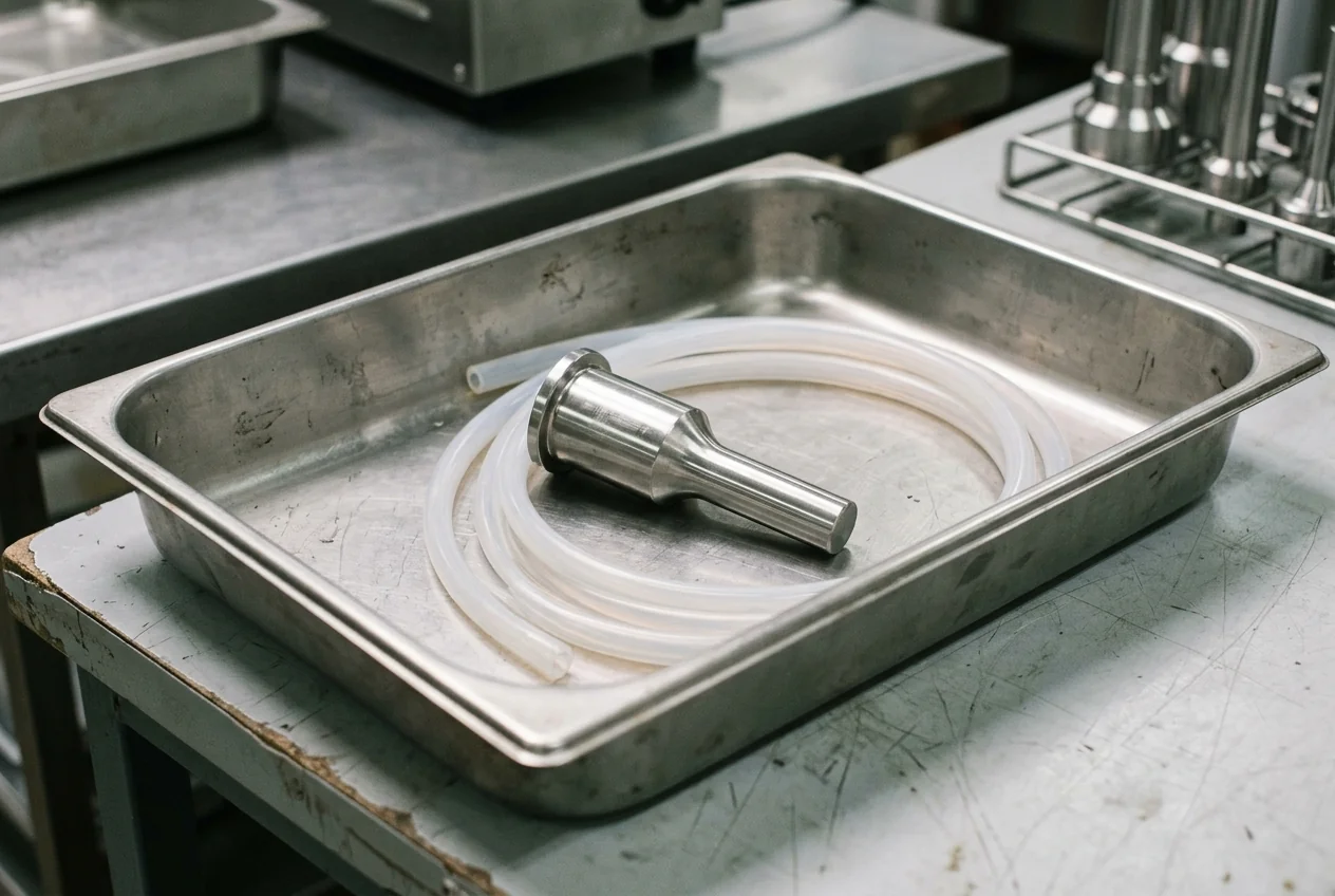 Nozzle and hose in a parts tray
